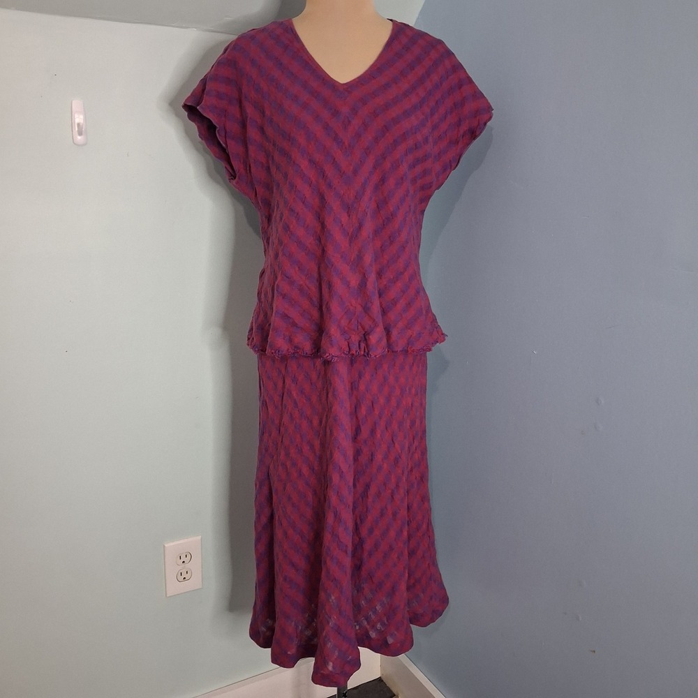 Holte Purple Red Plaid Two Piece Set V-Neck Top Midi Skirt Raw Hem Size 1‎
